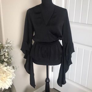 Express Long Sleeve Flowy Black Cinch Waist Blouse